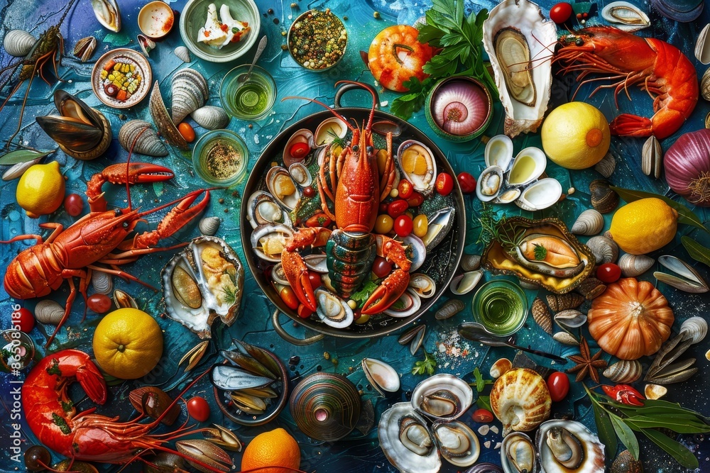 A lively painting showcasing lobsters, clams, and lemons in a colorful display of seafood, A vibrant depiction of a variety of seafood dishes surrounded by colorful ingredients A lively painting showcasing lobsters, clams, and lemons in a colorful display of seafood, A vibrant depiction of a variety of seafood dishes surrounded by colorful ingredients