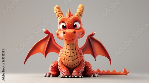 A lovable cartoon dragon with tiny wings on a solid grey background.