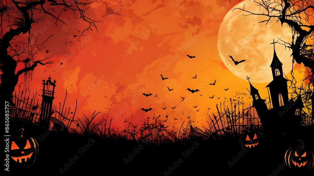 halloween festival background,Pumpkin, bats, spiders, ghost on yellow background.generative ai
