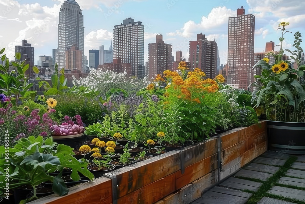 A rooftop garden in an urban setting, filled with diverse plants and flowers, showcasing urban agriculture. A rooftop garden in an urban setting, filled with diverse plants and flowers, showcasing urban agriculture.