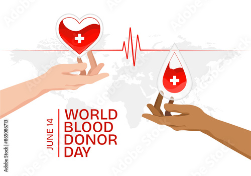 World Blood Donor Day template with hand showing charity red drop and heart shaped bag container