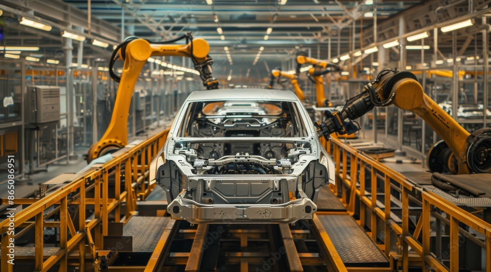 Automated car production line with robotic arms in a modern factory Automated car production line with robotic arms in a modern factory
