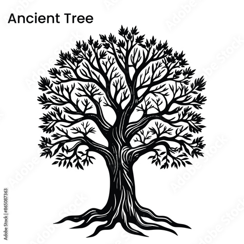 ornamental trees with many entangled branches, oak tree, black vector graphic