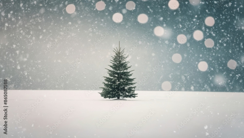 A solitary Christmas tree in a snow-filled plane with snowflakes creates minimalist A solitary Christmas tree in a snow-filled plane with snowflakes creates minimalist
