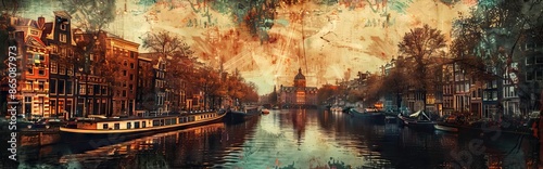 Retro image of Prinsengracht Canal, Amsterdam, The Netherlands. Paper texture. AI generated illustration