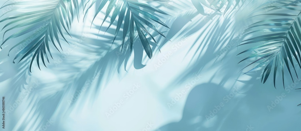 Abstract background with blurred palm leaf shadows on light blue wall, perfect for showcasing products during spring and summer. Abstract background with blurred palm leaf shadows on light blue wall, perfect for showcasing products during spring and summer.