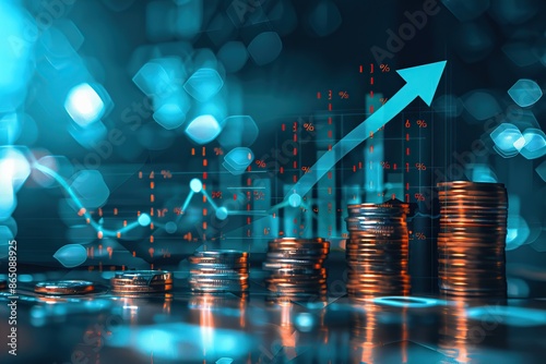 Money coin stack growing graph investment. Finance save. Success, growth wealth stock market. Business in the digital age. Trading chart in financial concepts. Prosperity. Cryptocurrency. Technology