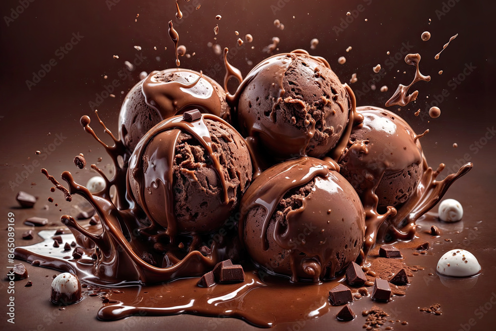 Chocolate ice cream balls in splashes of chocolate sauce on a dark background Chocolate ice cream balls in splashes of chocolate sauce on a dark background