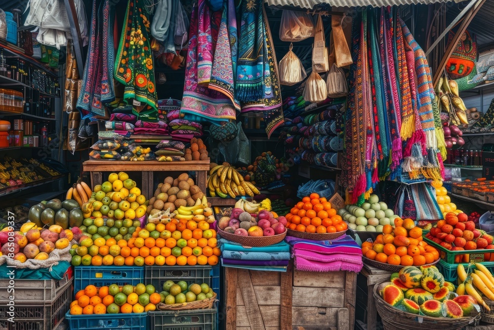 Obraz premium A vibrant marketplace stall selling fresh fruits and vegetables to customers, A vibrant marketplace with stalls selling colorful fruits and textiles