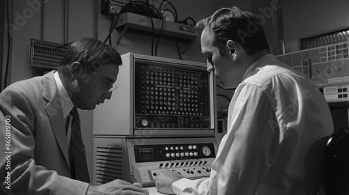 Two engineers working on a large computer with a punch card system in a technology research lab, black and white vintage photo