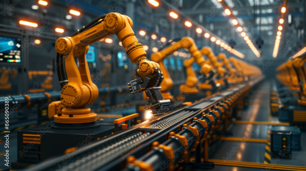 High-tech industrial robotic arms working on an automated assembly line ...