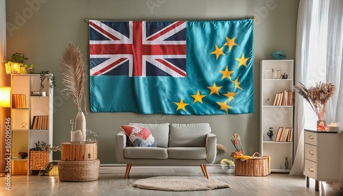 The flag of Tuvalu hangs in the living room at home. The flag is in house. photo