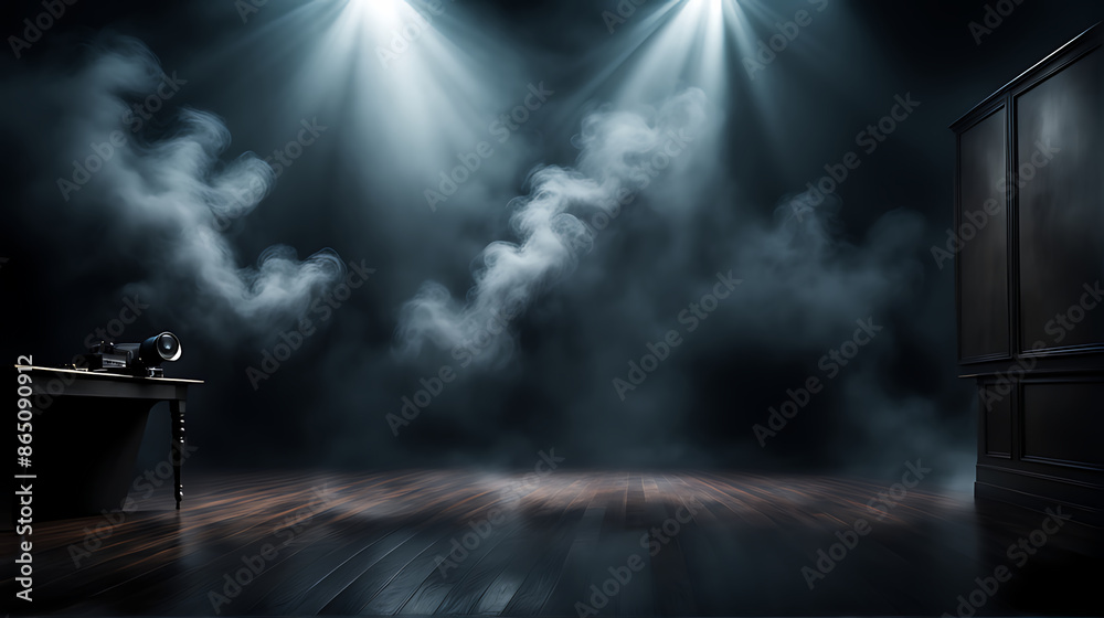 Obraz premium The dark scene has a smoky dark blue background. Empty dark room with spotlights for displaying product design 