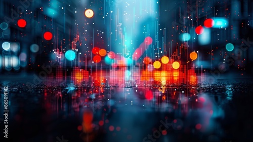 Abstract city lights reflected in a wet street at night with vibrant colors and bokeh effects, creating a dreamy urban landscape.