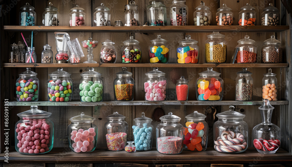 photo of lollipops displayed in a charming, old-fashioned candy shop setting, complete with glass jars and wooden shelves.