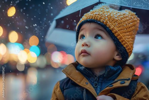 Fototapeta Naklejka Na Ścianę i Meble -  Cute small baby walk in rainy weather city streets generative AI