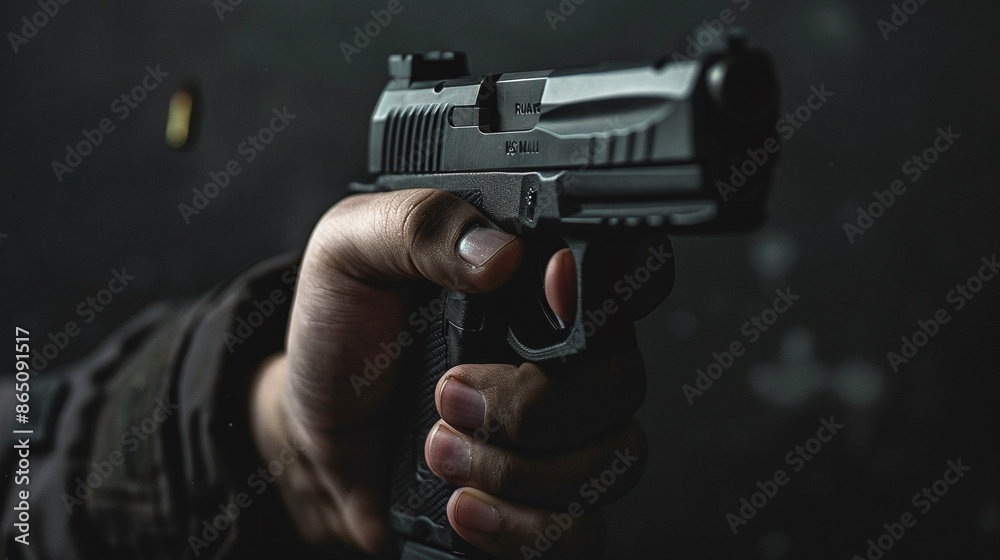 Danger of weapons. Person takes aim with pistol. Only the hand and the gun are visible. Camera looks from the front of the barrel. Dark background Danger of weapons. Person takes aim with pistol. Only the hand and the gun are visible. Camera looks from the front of the barrel. Dark background