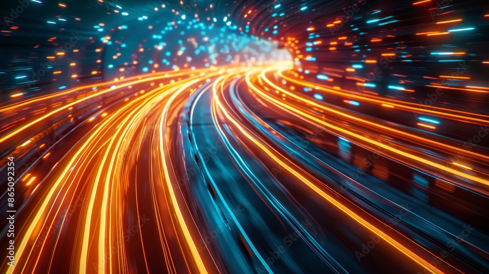 A bright orange and blue highway with a tunnel in the middle A bright orange and blue highway with a tunnel in the middle