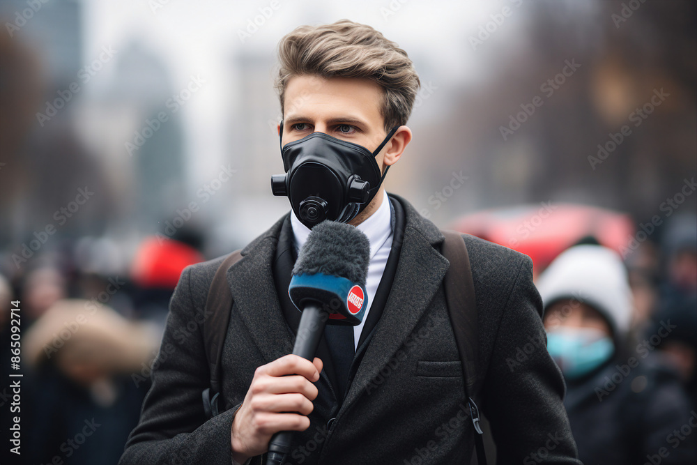 Professional reporter journalist in front of camera making breaking news reportage Generative AI picture
