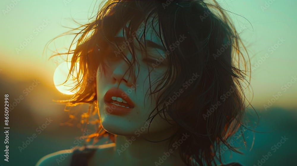 A woman with red lipstick and wet hair is looking at the camera A woman with red lipstick and wet hair is looking at the camera