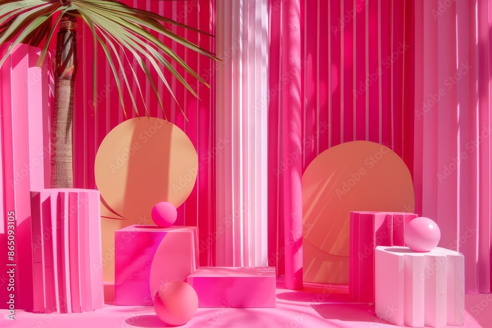 A vibrant pink room featuring a palm tree in the corner, A vibrant pink backdrop with geometric shapes A vibrant pink room featuring a palm tree in the corner, A vibrant pink backdrop with geometric shapes