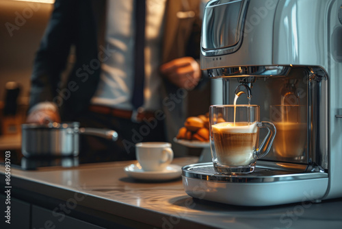 White coffee machine prepares latte coffee, businessman in suit on background