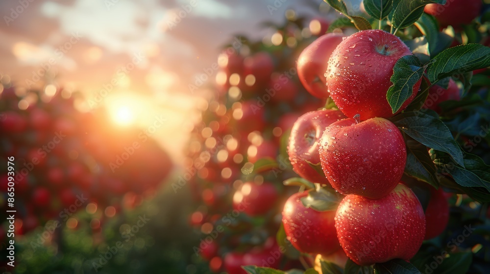 Tranquil Apple Orchard Scene with Lush Green Trees and Ripe Red Apples in a Peaceful Countryside