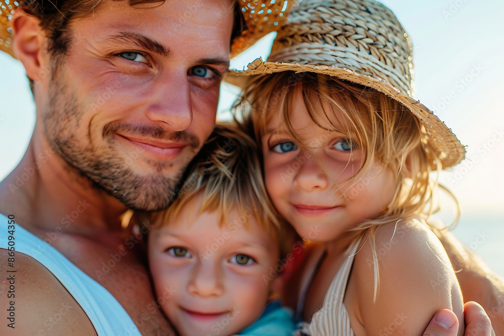 Happy full young family members with kids resting by the beach summer vacation time, Generative AI Happy full young family members with kids resting by the beach summer vacation time, Generative AI
