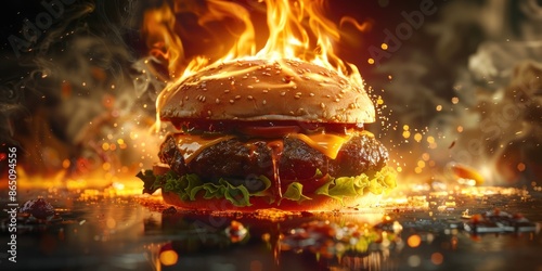 Flaming Hot Burger with a Drizzle of Sauce photo
