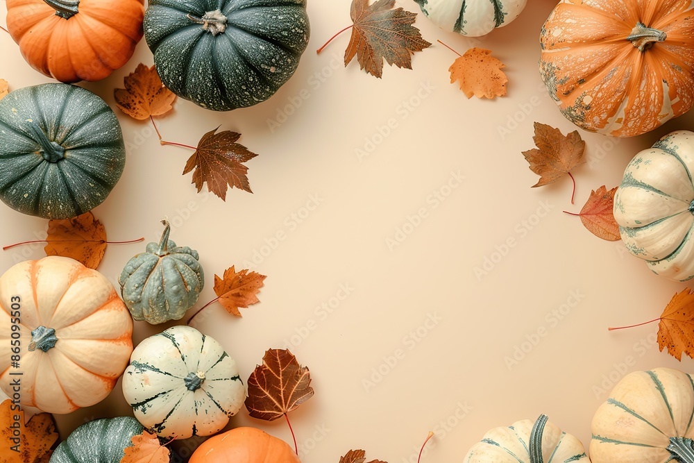 Creative Top view autumn composition. Different pumpkins, colorful leaves on a beige background. Template fall harvest thanksgiving, anniversary invitation card. Halloween flat lay. Horizontal Banner Creative Top view autumn composition. Different pumpkins, colorful leaves on a beige background. Template fall harvest thanksgiving, anniversary invitation card. Halloween flat lay. Horizontal Banner