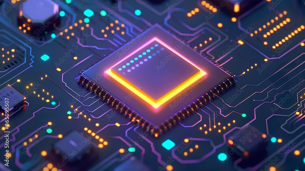 High-Tech Neon Circuit Board With Advanced Processor Artificial Intelligence Technology Concept High-Tech Neon Circuit Board With Advanced Processor Artificial Intelligence Technology Concept