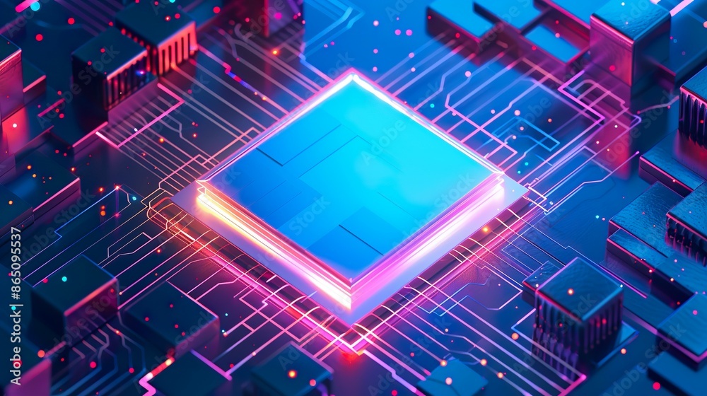 High-Tech Circuit Board With Neon Processor Advanced Technology Artificial Intelligence Concept High-Tech Circuit Board With Neon Processor Advanced Technology Artificial Intelligence Concept