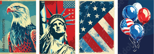Set of American 4th July celebration posters. With iconic American icons. Patriotic USA background