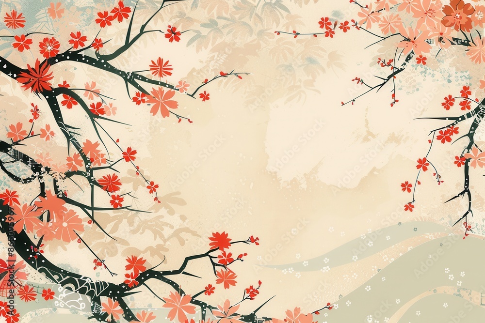 A digital painting of a cherry blossom and maple leaf branch with a soft, cream background. Generative AI A digital painting of a cherry blossom and maple leaf branch with a soft, cream background. Generative AI