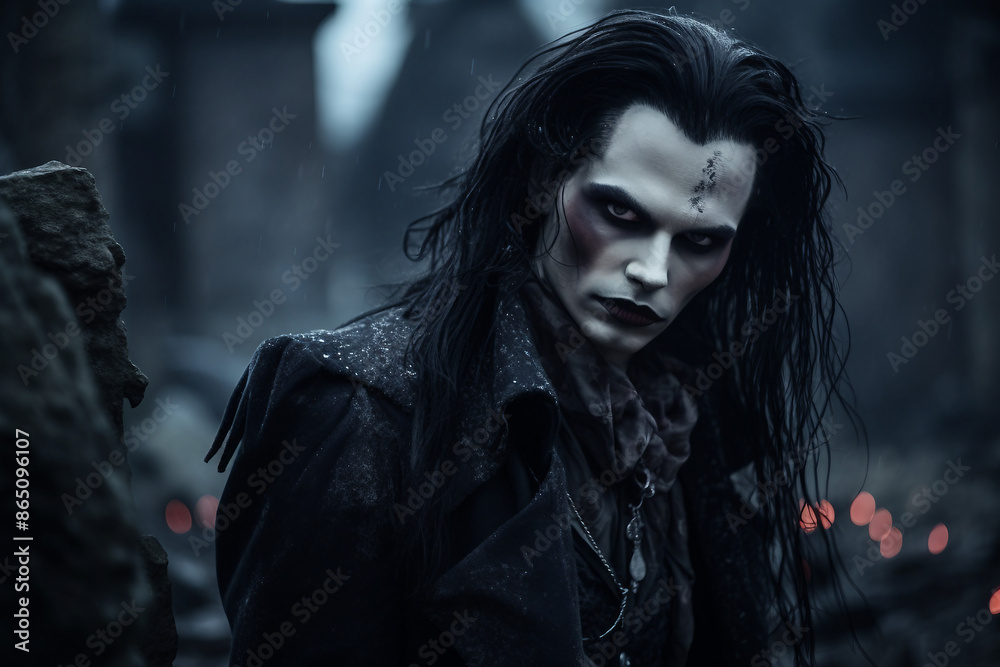 AI generated image of a mysterious spooky creepy man standing in a graveyard at night