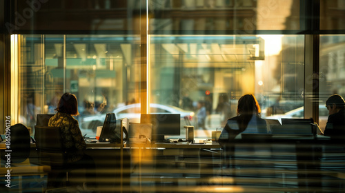 vue de bureaux lumineux en open space derrière une vitre illuminé par les rayons du soleil photo