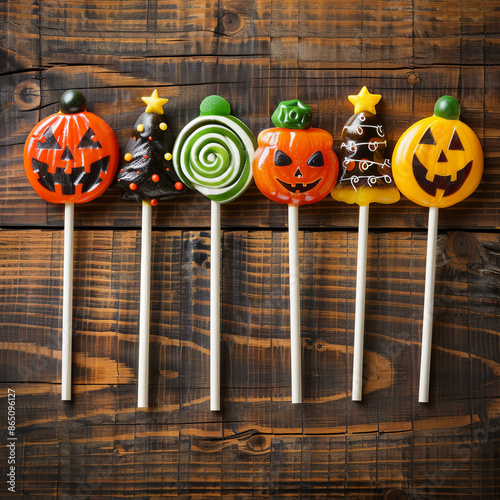 lollipops of the same color but different shades and sizes, aesthetically pleasing manner. Macro photo of a lollipop with multiple layers of flavors. Lollipops designed with seasonal themes photo