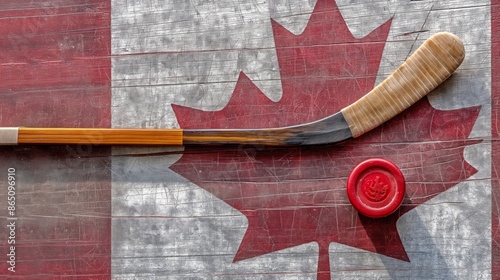 Wooden hockey stick with red puck on Canadian flag with maple leaf on ice photo