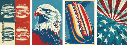 Set of American 4th July celebration posters. With iconic American icons. Patriotic USA background