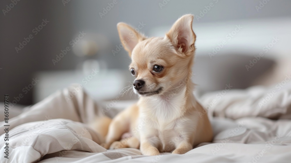 Small Chihuahua Puppy with Tan Fur on a Bed Small Chihuahua Puppy with Tan Fur on a Bed