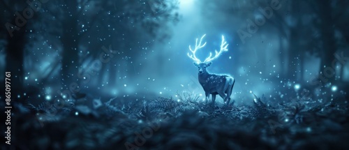 Enchanted Forest with Glowing Deer and Magical Atmosphere in Moonlit Night
