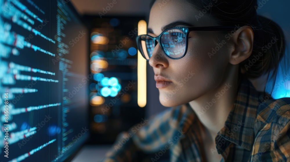Woman coding at computer screen Woman coding at computer screen