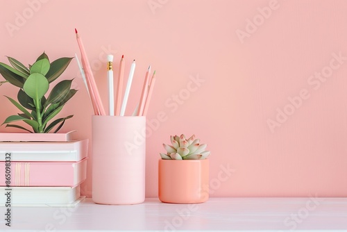 Peach color wall and home office desk with supplies, pencils, pens, boxes, plant pot. Creative stylish minimal workspace. Contemporary flat white work tabletop for product display montage. Blank space photo