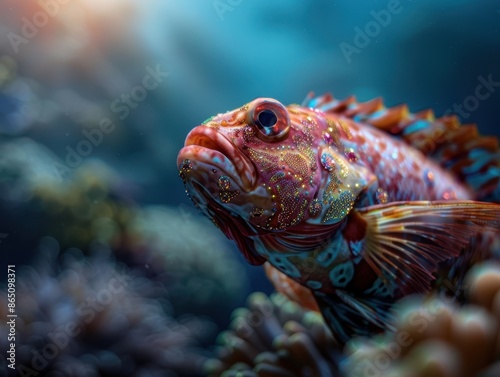 Vibrant Underwater Close-Up of a Colorful Fish Among Coral Reefs in Sunlit Ocean Depths © TPS Studio