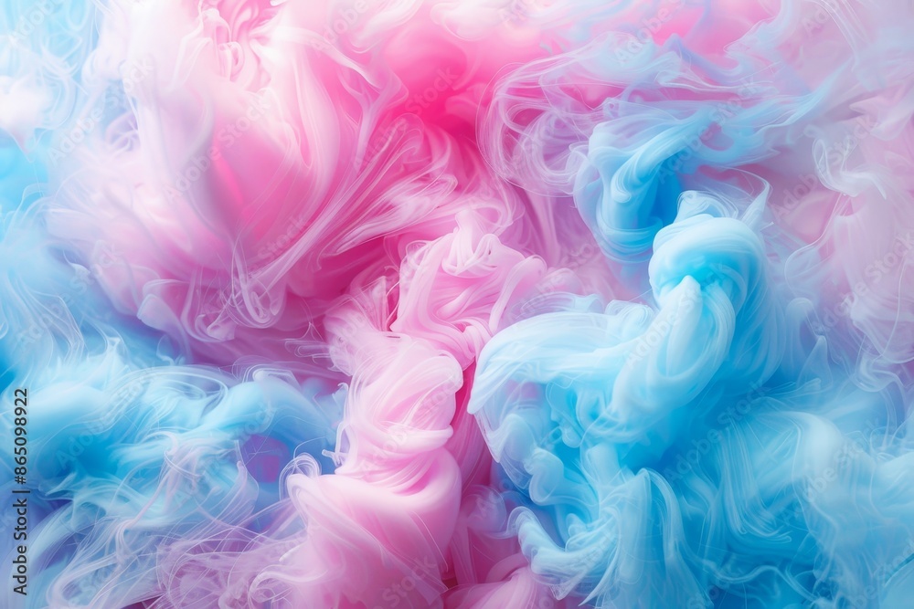 Obraz premium A vibrant mix of blue, pink, and white substances floating in the air, A vibrant swirl of cotton candy pink and sky blue