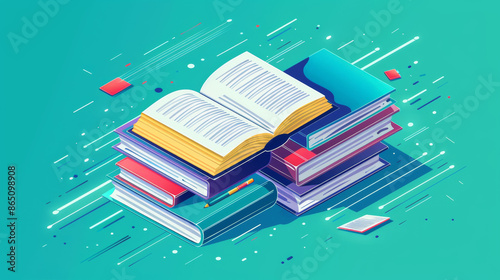An open book with its pages facing downward and a stack of books. This illustration represents reading, education, e-books, literature, and encyclopedias.