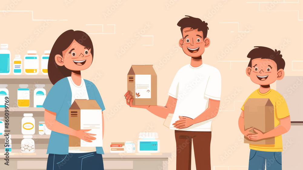 Illustration of a happy family sorting medicine and medical supplies with boxes and bottles, emphasizing home healthcare and organization. Illustration of a happy family sorting medicine and medical supplies with boxes and bottles, emphasizing home healthcare and organization.