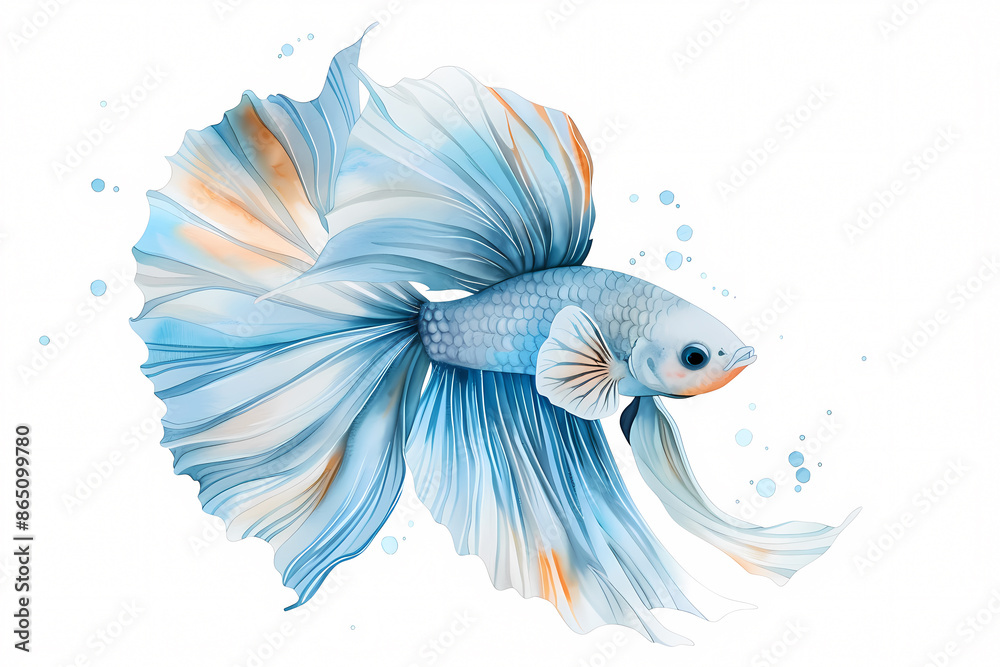 Fototapeta premium A vibrant blue and orange betta fish with flowing fins, isolated on a white background with watercolor splashes.