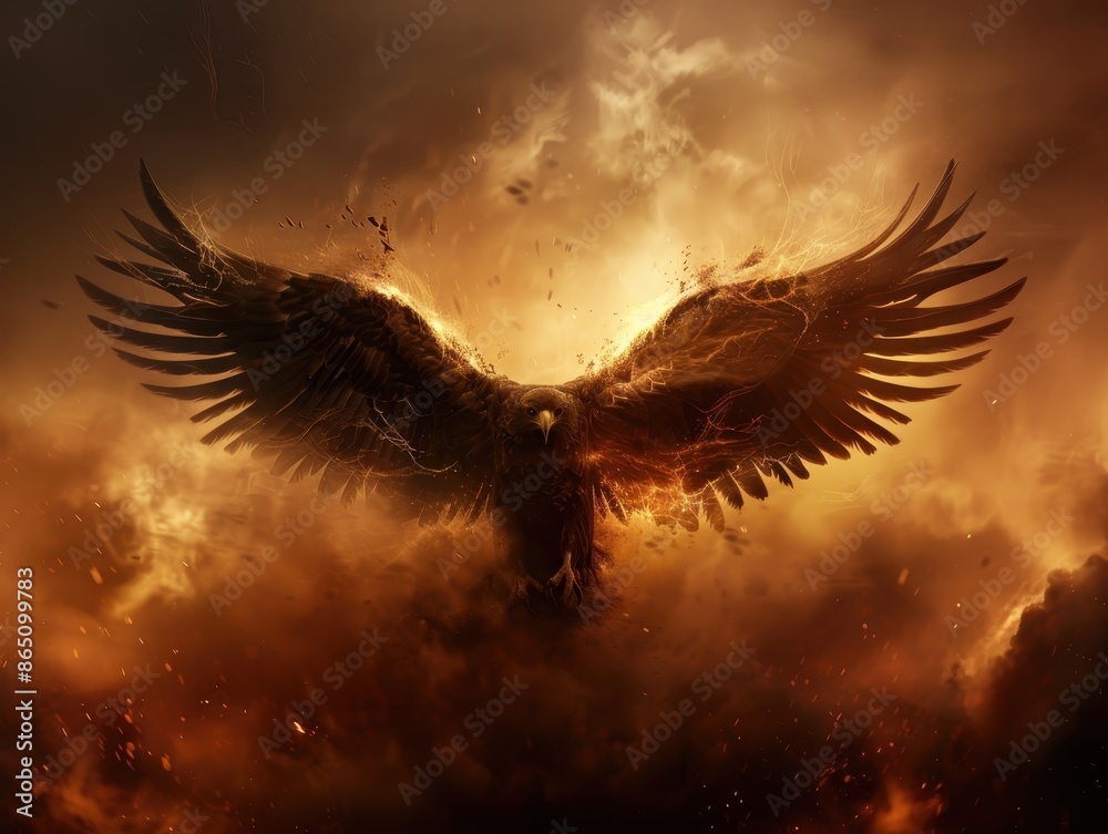 Fototapeta premium Majestic Eagle Soaring Through Fiery Skies with Dramatic Lighting and Intense Atmosphere
