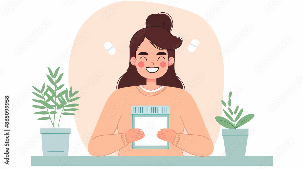 Illustration of a smiling woman holding a medicine bottle, with plants on a table, symbolizing health and wellness. Illustration of a smiling woman holding a medicine bottle, with plants on a table, symbolizing health and wellness.